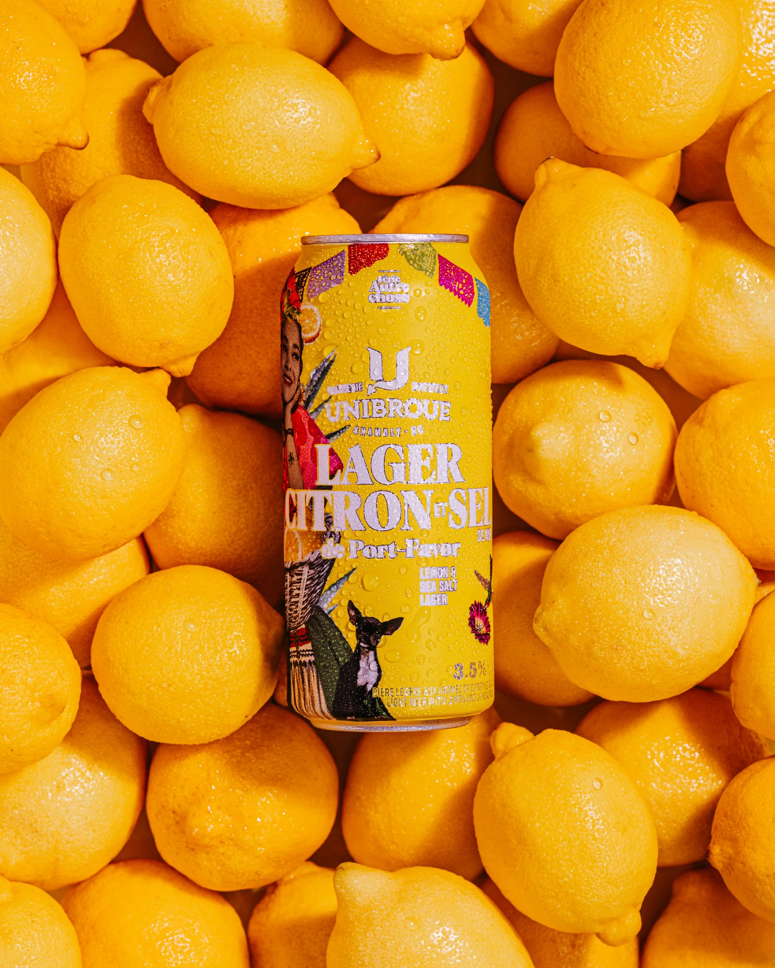A can of lemon and sea salt lager placed on top of a pile of fresh lemons.