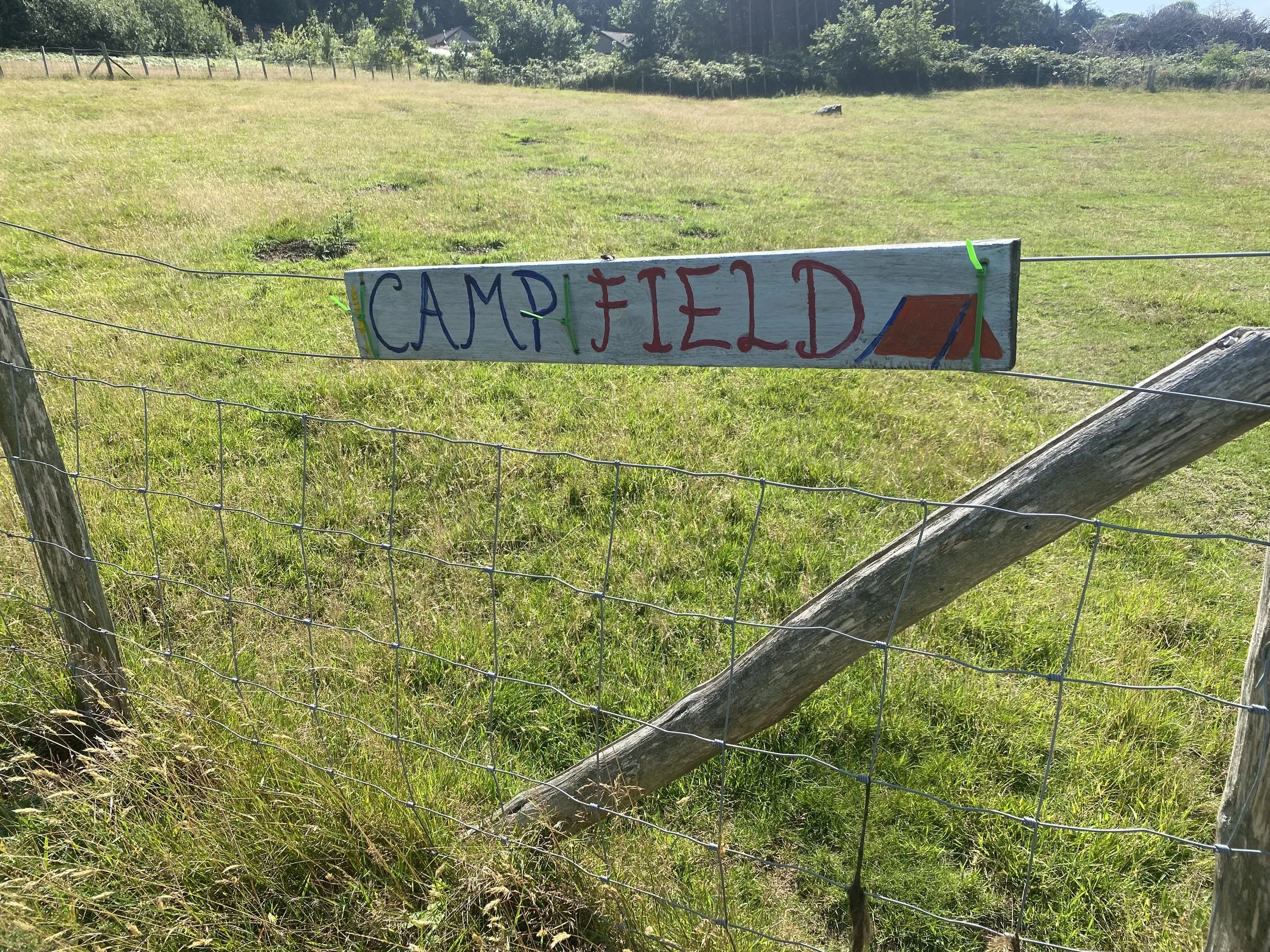 Hand-painted wooden sign reading 'CAMP FIELD' with a small drawing of a tent, attached to a wire fence surrounding a grassy field.