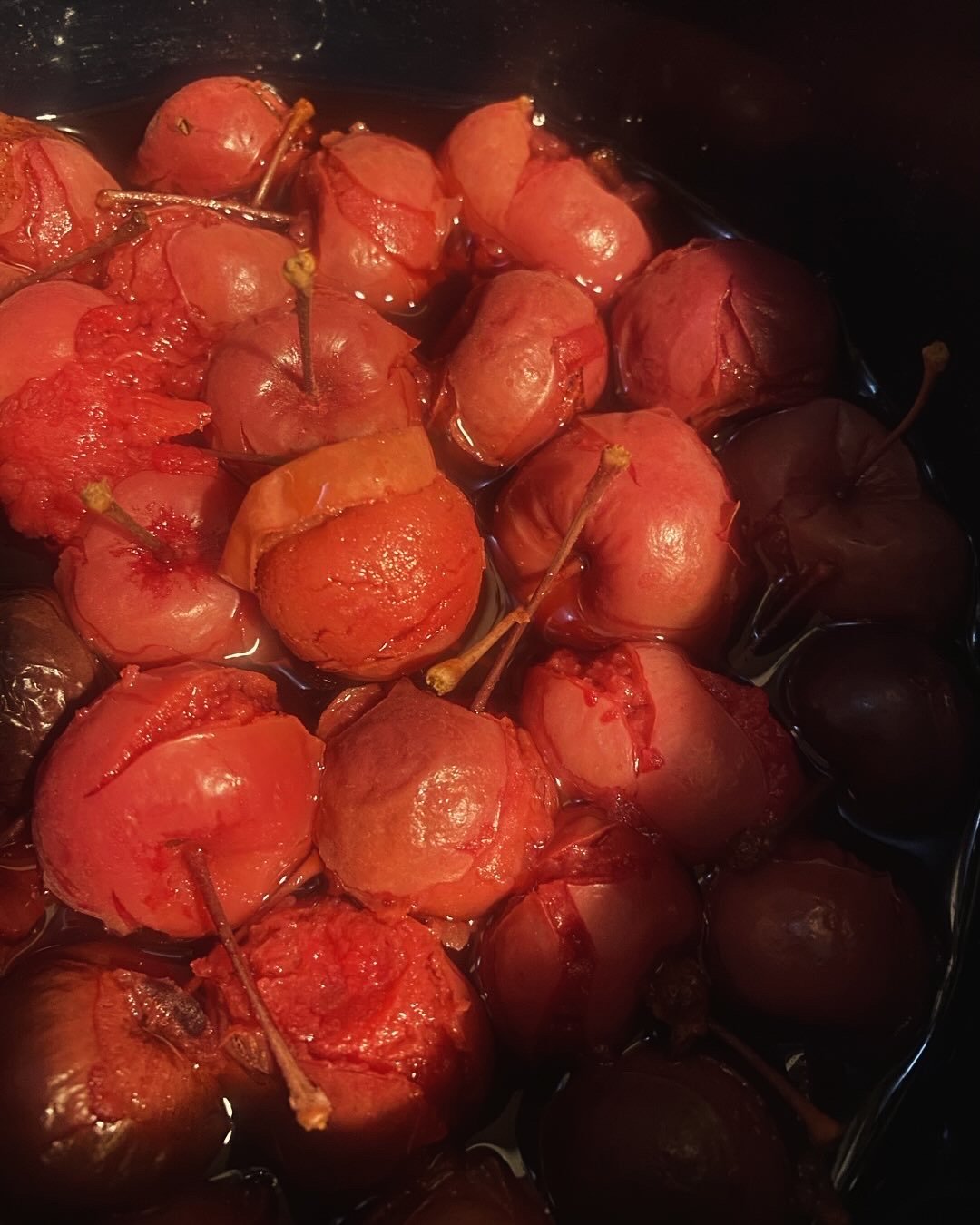 Old, red cherries submerged in water.