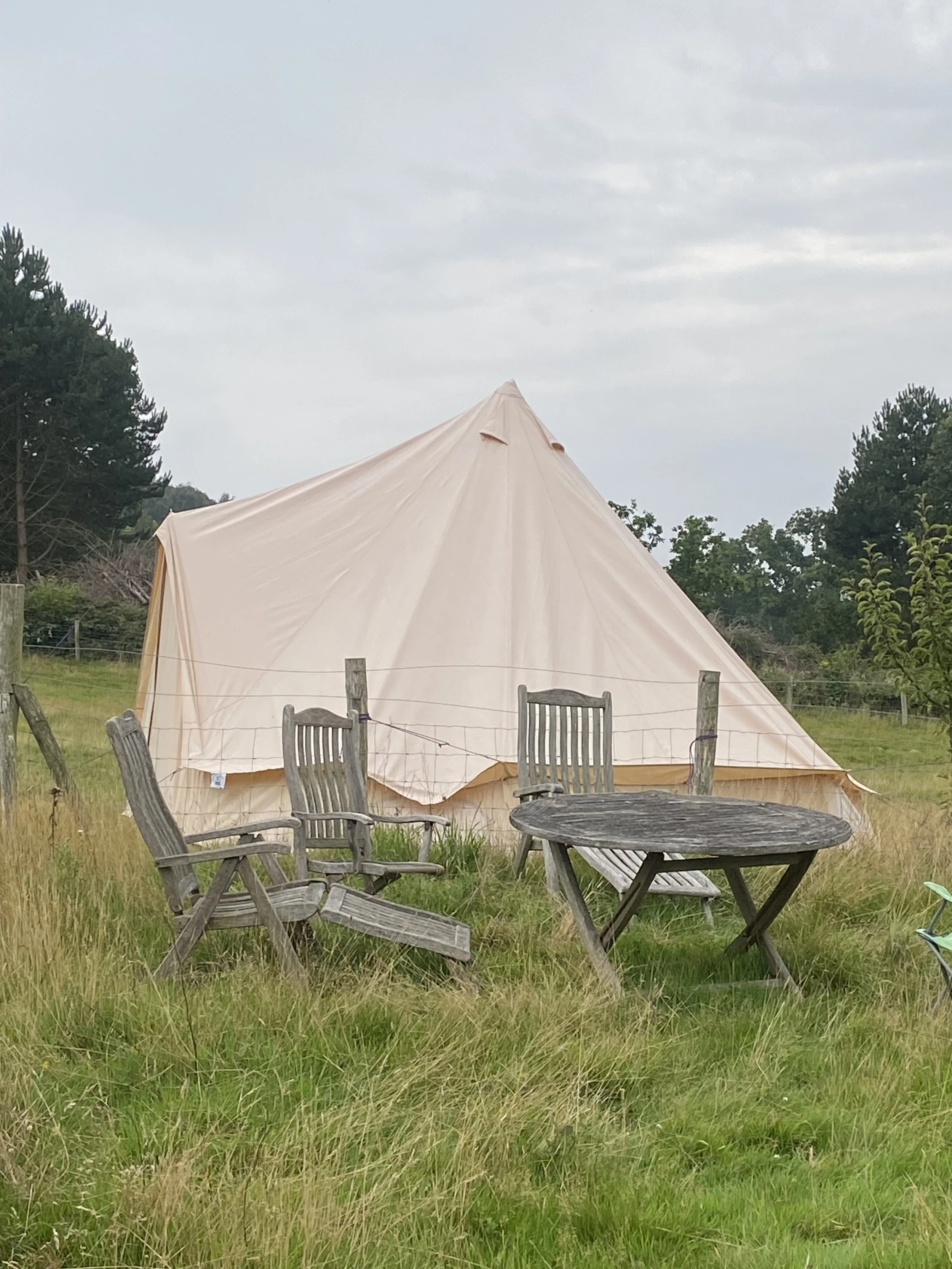 A camping tent set up in a grassy field with four weathered wooden chairs and a round wooden table in front of it, surrounded by trees under a cloudy sky.