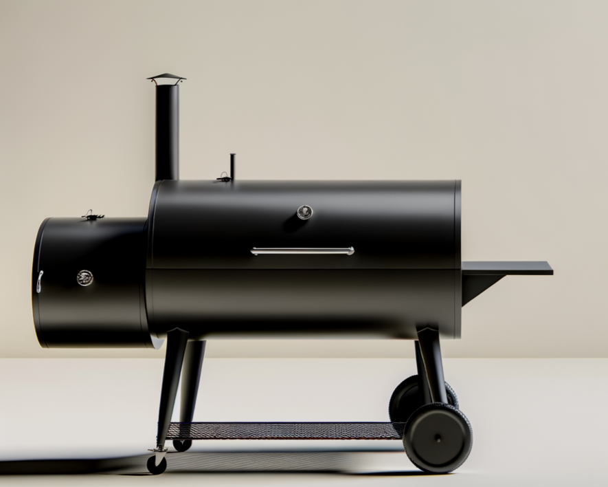 A black outdoor charcoal smoker grill with a cylindrical shape, stand, and attached wheels, set against a plain background.
