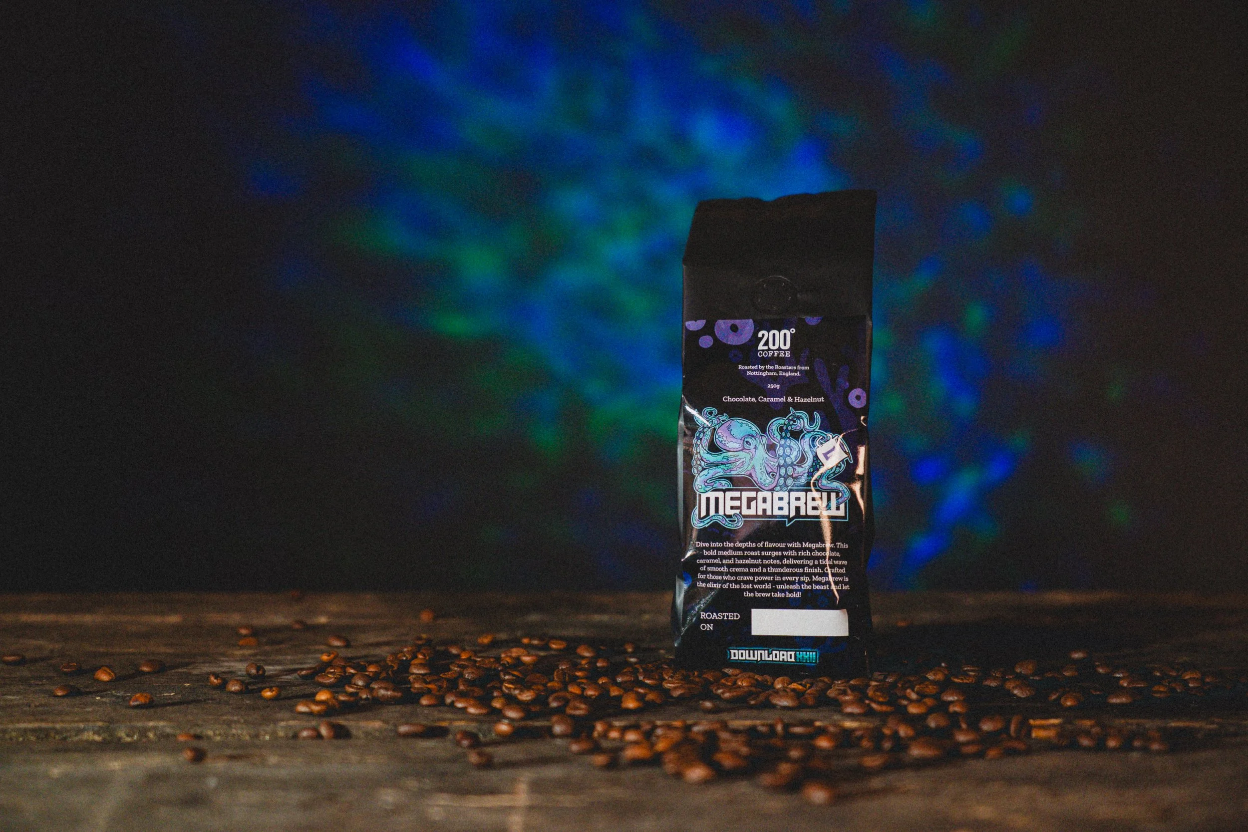 A bag of coffee labeled 'Mega Brew' standing on a wooden surface with scattered coffee beans around it. The background displays colorful, abstract light patterns.