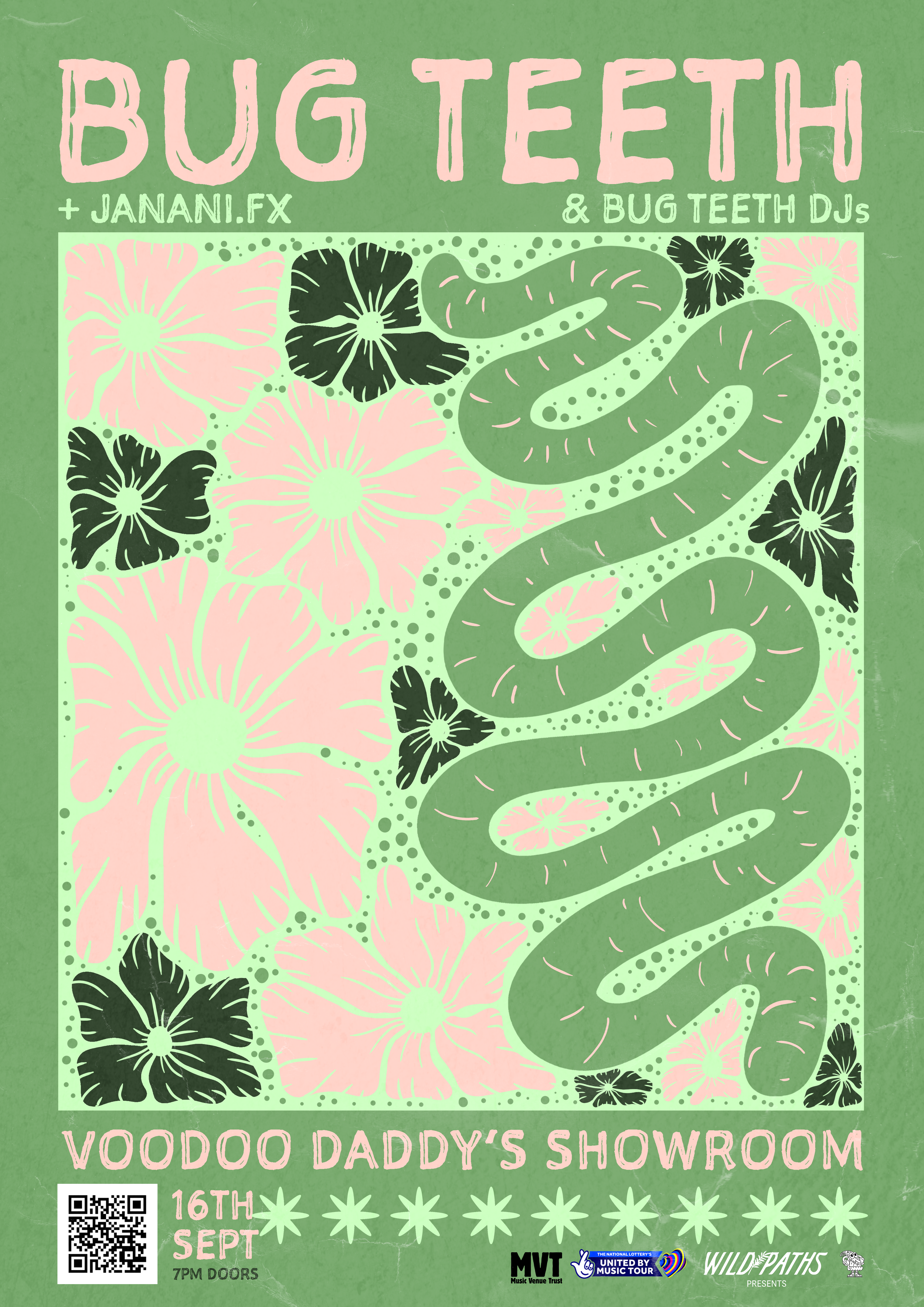 Event poster for Bug Teeth at Voodoo Daddy's Showroom on September 16th at 7 PM, featuring musical acts Bug Teeth, Janani.FX, and Bug Teeth DJs, with artwork of pink flowers, and a winding green snake.
