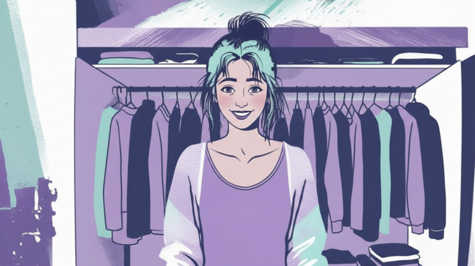 A young woman with teal and black hair smiling while standing in front of an open closet filled with hanging clothes.