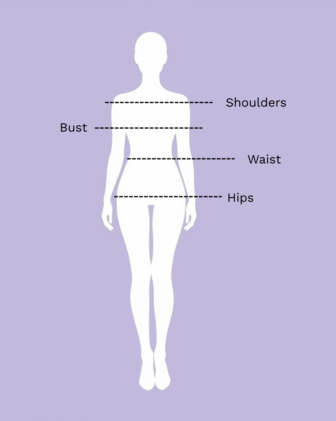 Diagram of a human female body with lines marking different measurement points labeled shoulders, bust, waist, and hips.