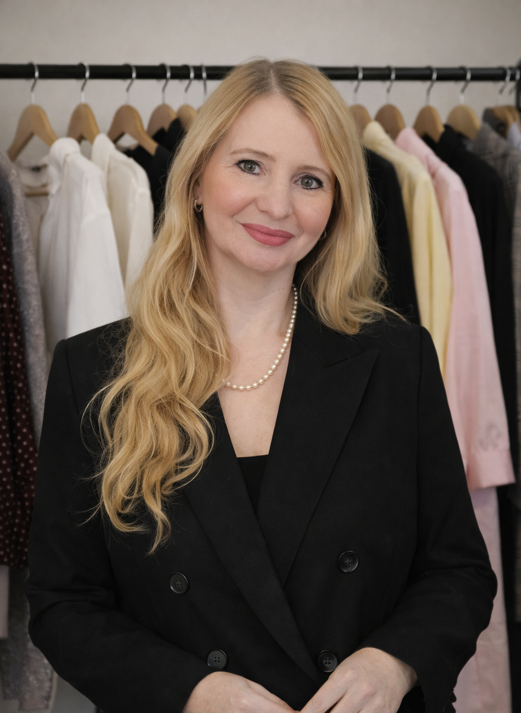 A woman with long blonde hair, wearing a black blazer and a pearl necklace, standing in front of a clothing rack with various dresses and blouses on hangers.