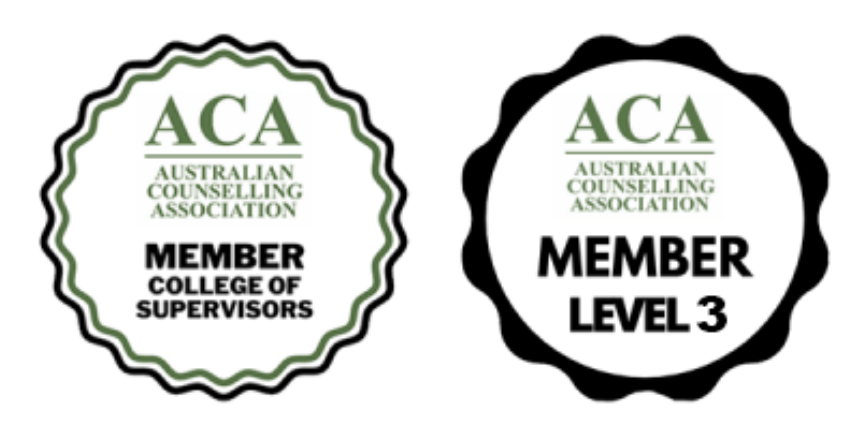 Two badges from the Australian Counselling Association, indicating membership levels. The first badge is for member of the College of Supervisors with a green and white border, and the second badge is for level 3 member with a black border.