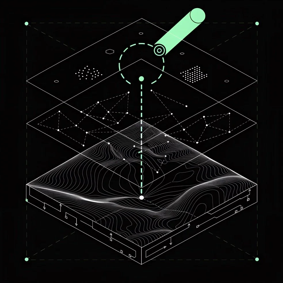 Futuristische Diagrammdarstellung mit geometrischen Formen, Linien und einem 3D-Geländemodell, das durch eine Kamera oder ein Messgerät erfasst wird.