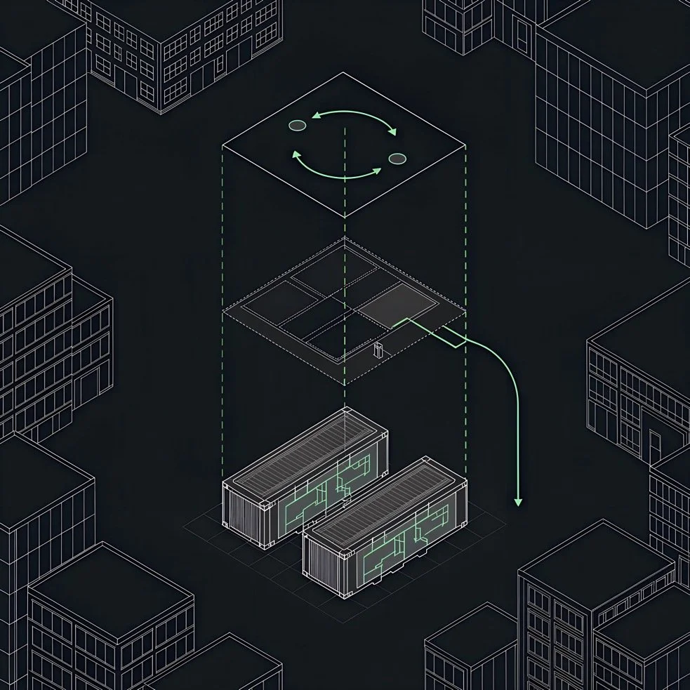 Skizze eines städtischen Gebäude-Komplexes mit technischen Linien und Pfeilen, die einen Ablauf oder eine Verbindung zwischen den Gebäuden darstellen.