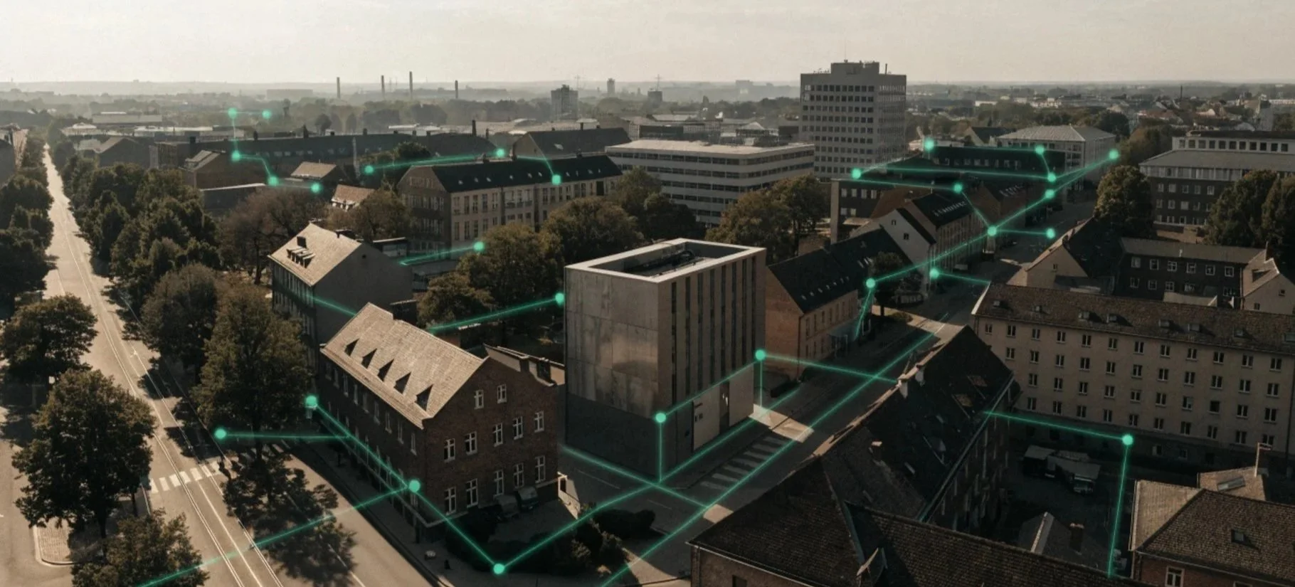 Stadtansicht mit digitaler Vernetzung von Gebäuden und Straßen durch leuchtende Linien und Punkte.
