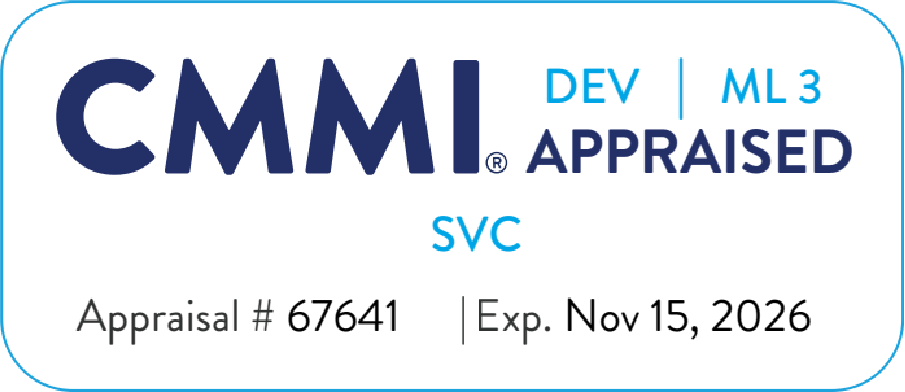 CMMI appraised badge with development, machine learning, and service components, including appraisal number and expiration date of November 15, 2026.