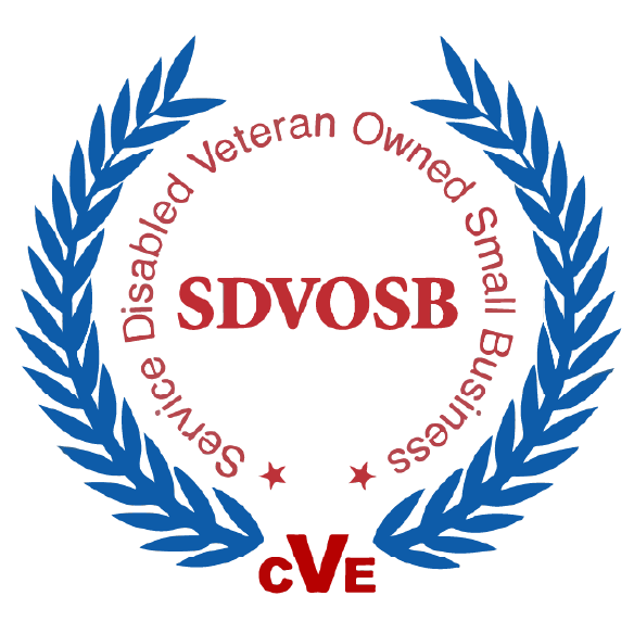 Seal with blue laurel branches surrounding red text that reads "SDVOSB" and "CVE". Circular text along the top says "Service Disabled Veteran Owned Small Business."