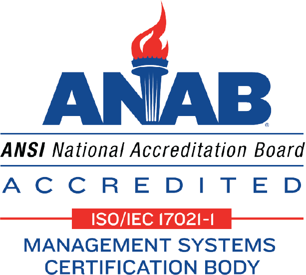 ANAB logo with a torch icon, certification text, and ISO/IEC 17021-1 highlighted in red, indicating accreditation for management systems.