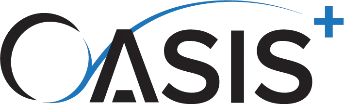 Pixelated logo with the text 'OASIS' and a stylized water droplet design.