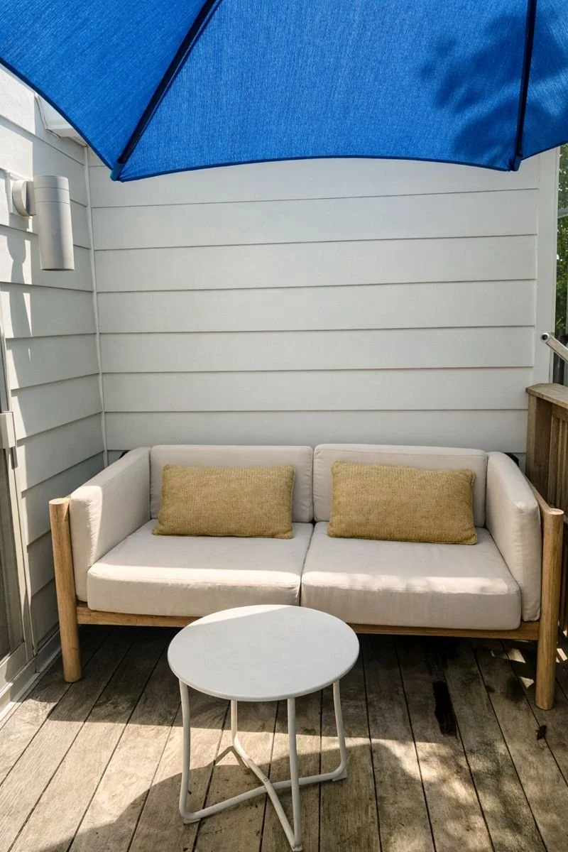 The back of the house features a custom-built cedar and ipe deck with a sofa - perfect for morning coffee, post-beach cocktails or late evening stargazing. 