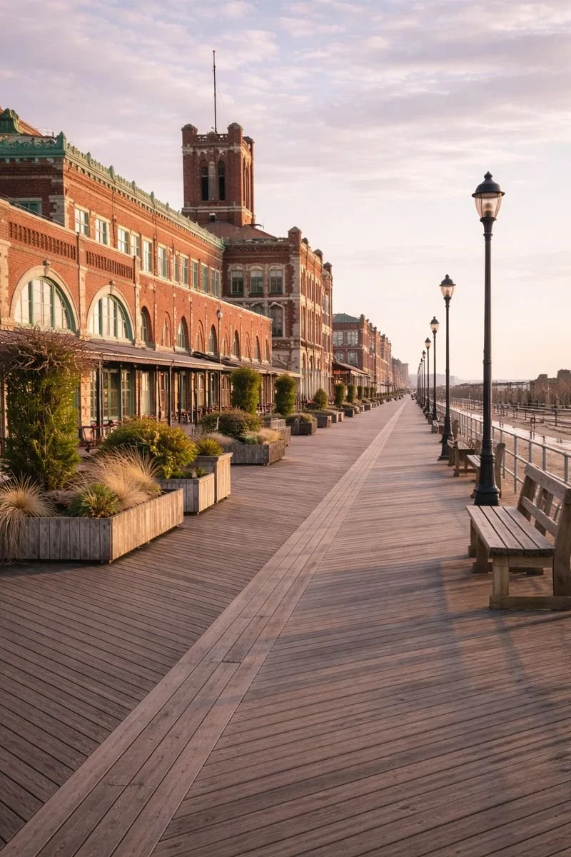 Empty wooden boardwalk along a historic brick building with outdoor seating, potted plants, and vintage-style street lamps, overlooking a river at sunset.