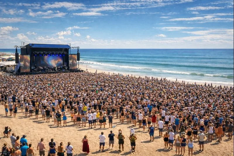 Crowd watching an outdoor concert on a beach with a stage, ocean, and sky in the background.