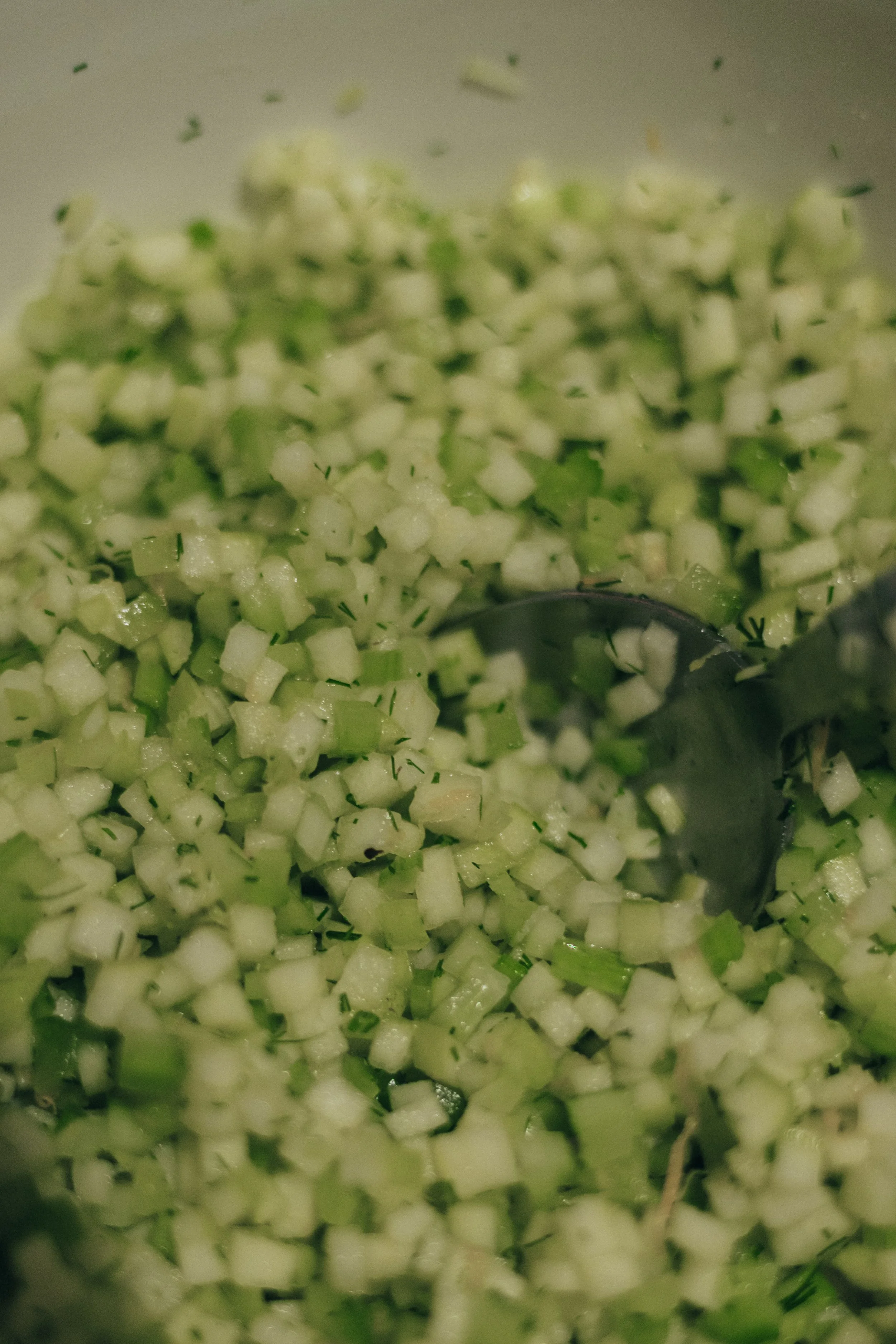 Des légumes coupés finement, probablement du céleri, dans une casserole avec une cuillère en métal.