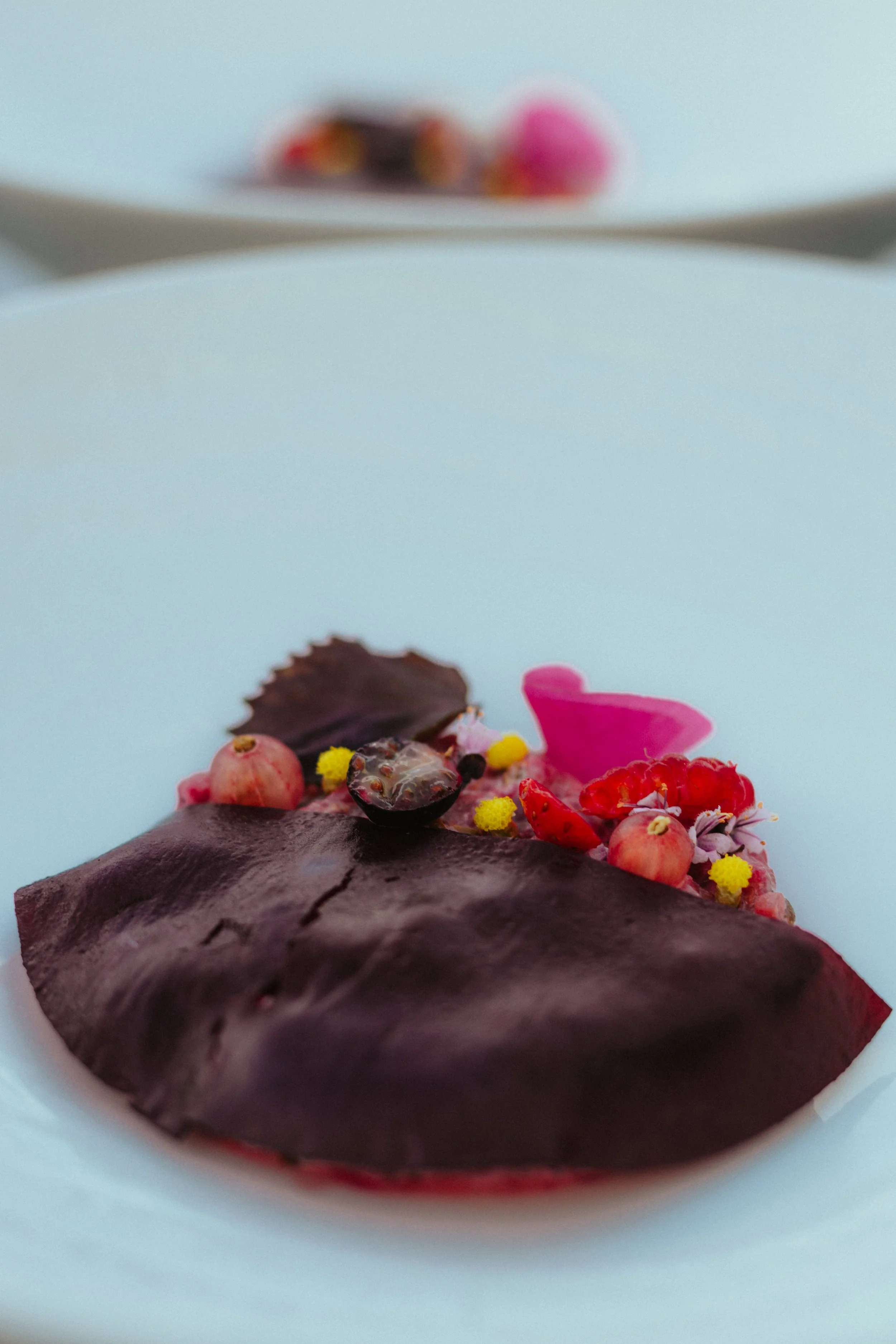 Tartare de veau aux fruits rouges et à la betterave, des fleurs et une feuille, présenté sur une assiette blanche.