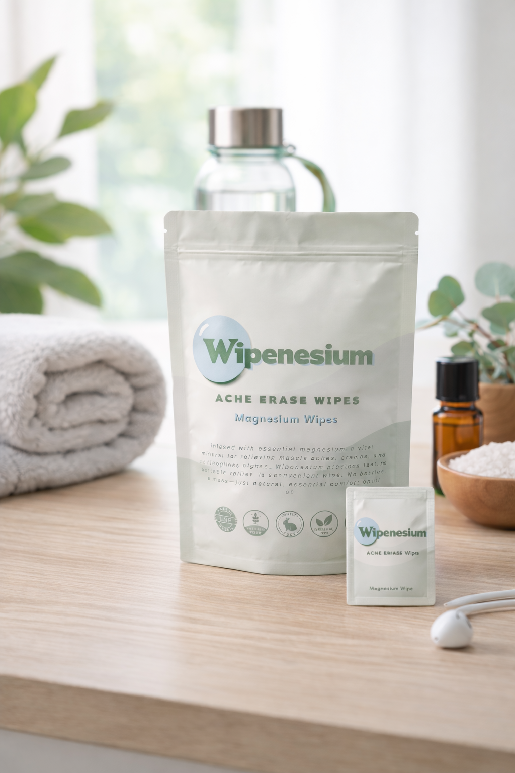 A package of Wipenesiun Acne Erase Wipes, magnesium wipes, on a wooden surface with a rolled towel, glass water bottle, essential oil bottle, bowl of white bath salts, and green plants in the background.