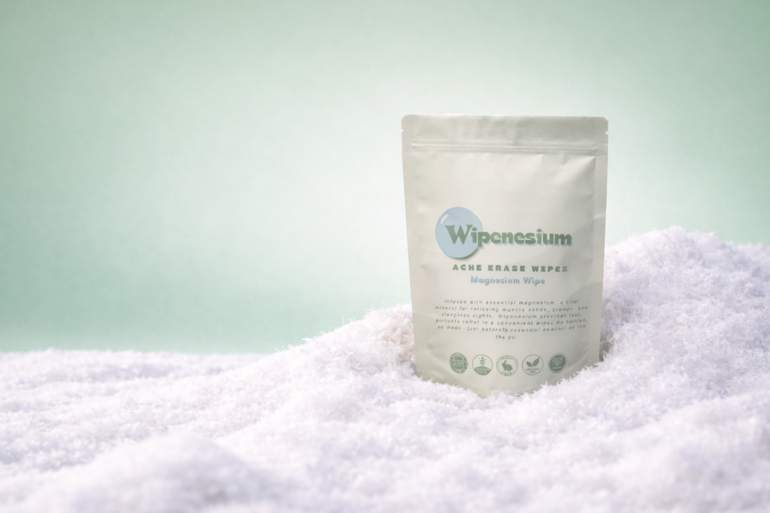 Package of Wipenesium acne erase wipes on a bed of salt or mineral-like substance with a plain gradient background.