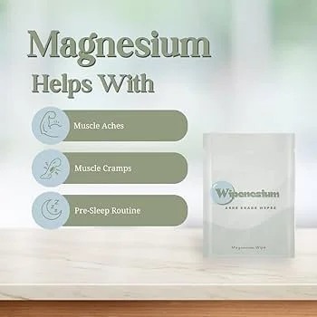 A flyer or advertisement for a magnesium supplement, listing benefits for muscle aches, muscle cramps, and pre-sleep routine, with a small image of the supplement box.