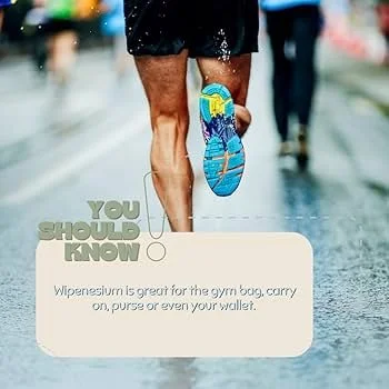 Close-up of a person's legs running on wet pavement, wearing a blue and yellow running shoe, with a motivational quote about Wipeosium in a speech bubble.