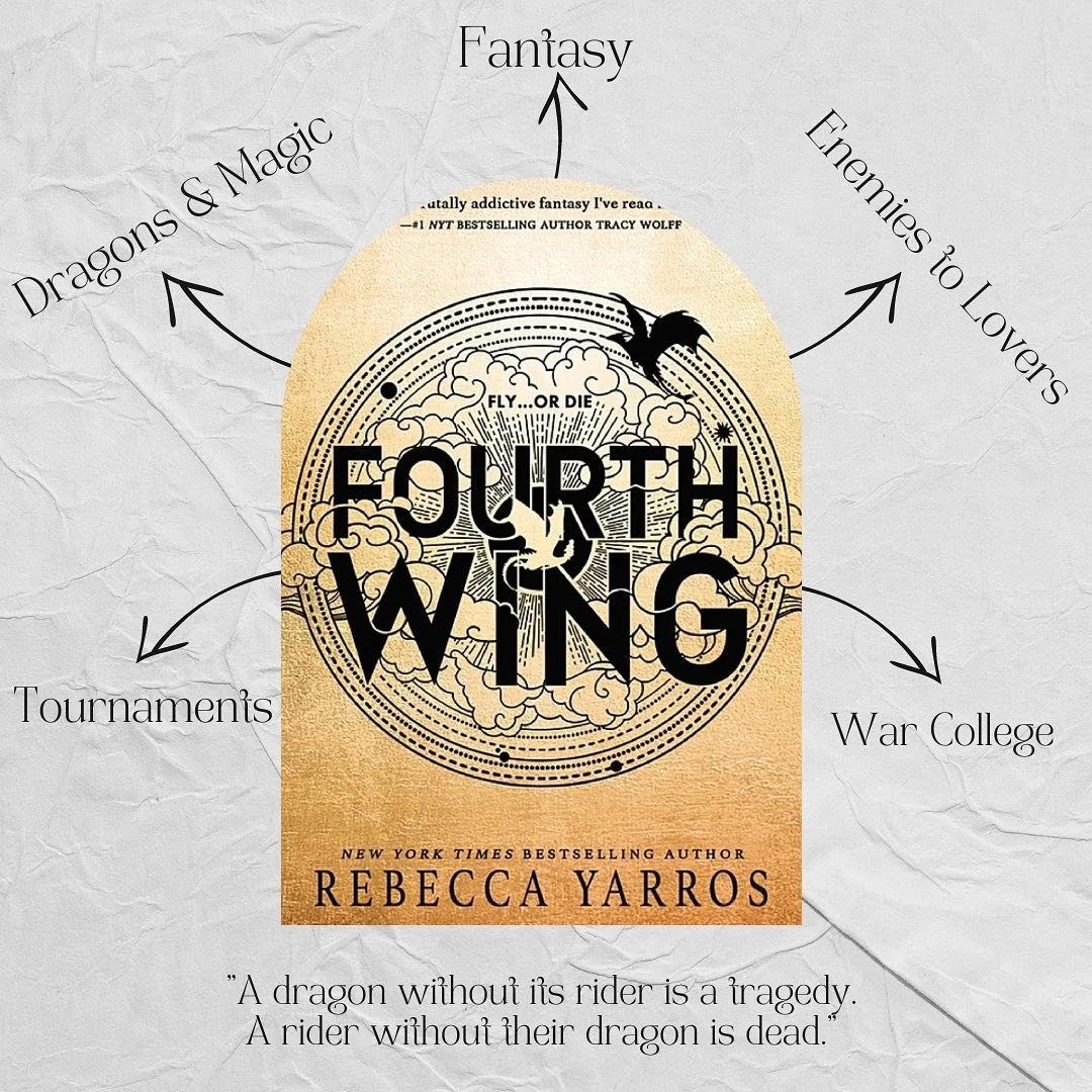 The Fourth Wing by Rebecca Yarros 
Rating:⭐️⭐️⭐️⭐⭐/5

WOW!! The Fourth Wing took me on a RIDE!!&nbsp; There were so many tournaments with high stakes, a badass heroine, enemies-to-lovers trope, SPICE, epic power-up moments, and, best of all, dragons.