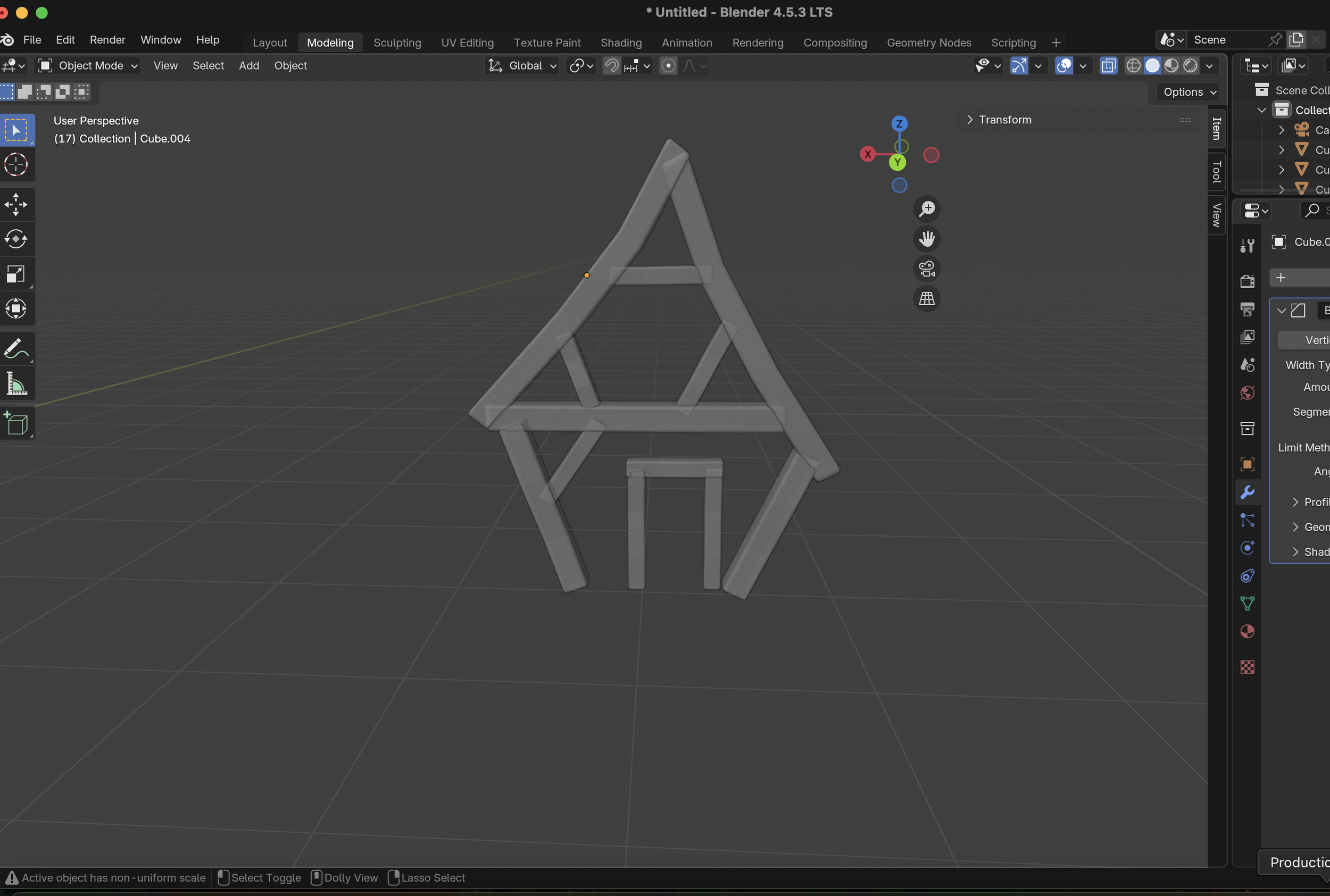 A 3D wireframe model of a small house with a pitched roof, two windows, and a door, rendered in a 3D modeling software interface.
