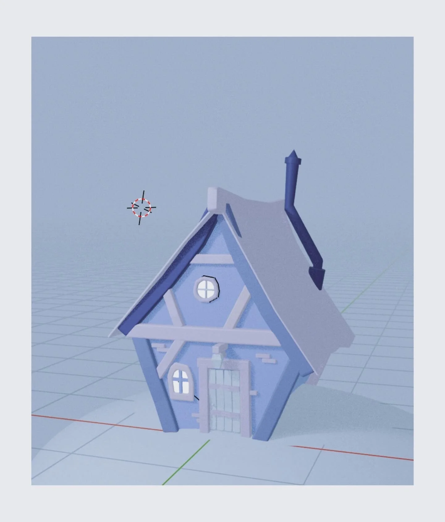 A 3D rendered model of a small, whimsical house with a steep roof, small windows, and a door, set against a light blue background.