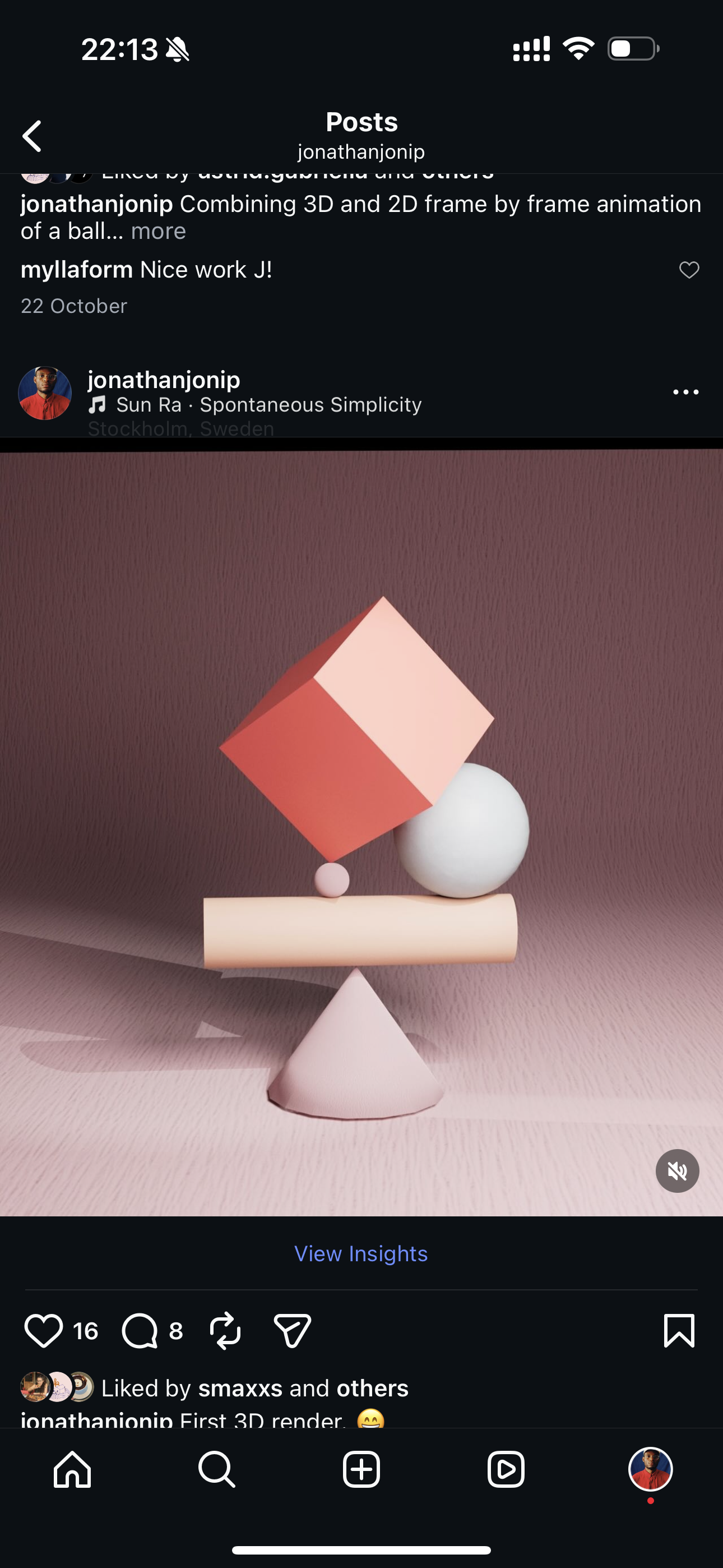 Digital 3D rendering of various geometric shapes including a pink cube, white sphere, pink cone, pink cylinder, pink sphere, and a pink cone, arranged on a pink background.