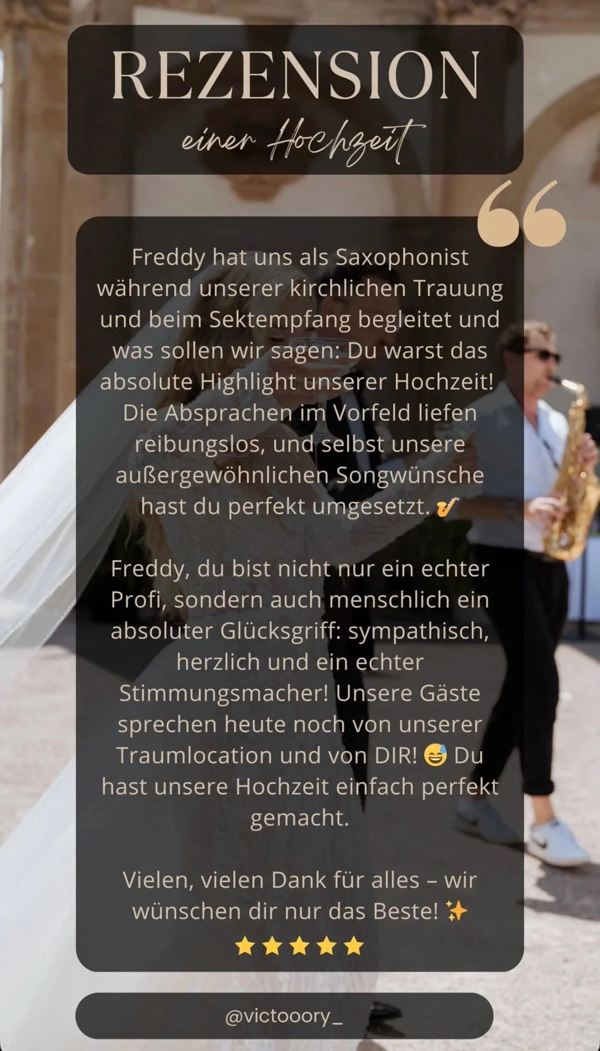 Dankeschön-Nachricht an Frederik Heckel für seine Unterstützung bei einer Hochzeit, mit Lob für seine professionellen und menschlichen Qualitäten, und Glückwünsche für eine tolle Hochzeit. Enthält ein Sterne-Icon und einen Instagram-Handle.