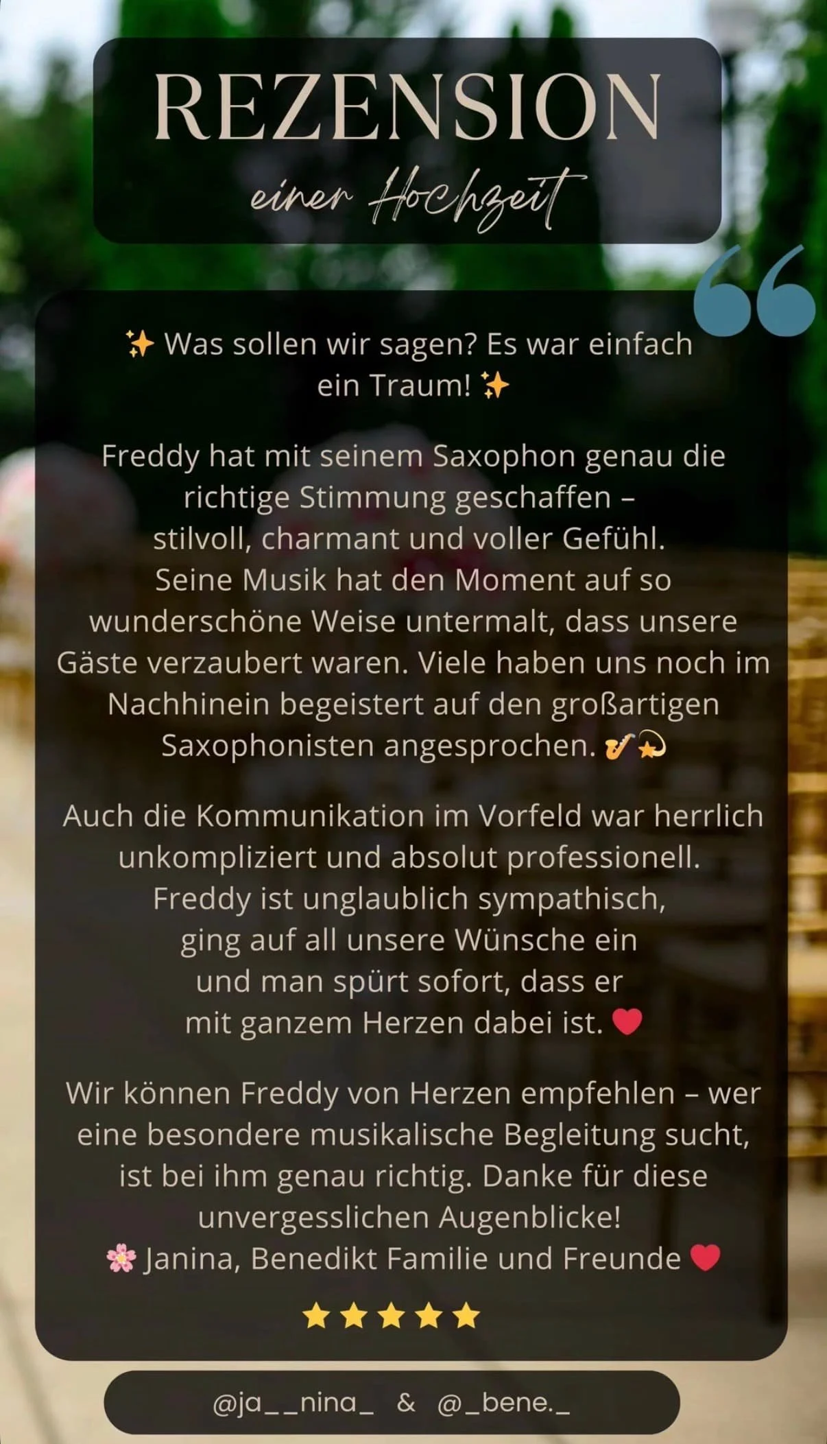 Bewertung eines Auftritts von Frederik Heckel bei einer Hochzeit, geschrieben in Deutsch mit Sternen, Herzen, Blumen und Musiksymbolen. 