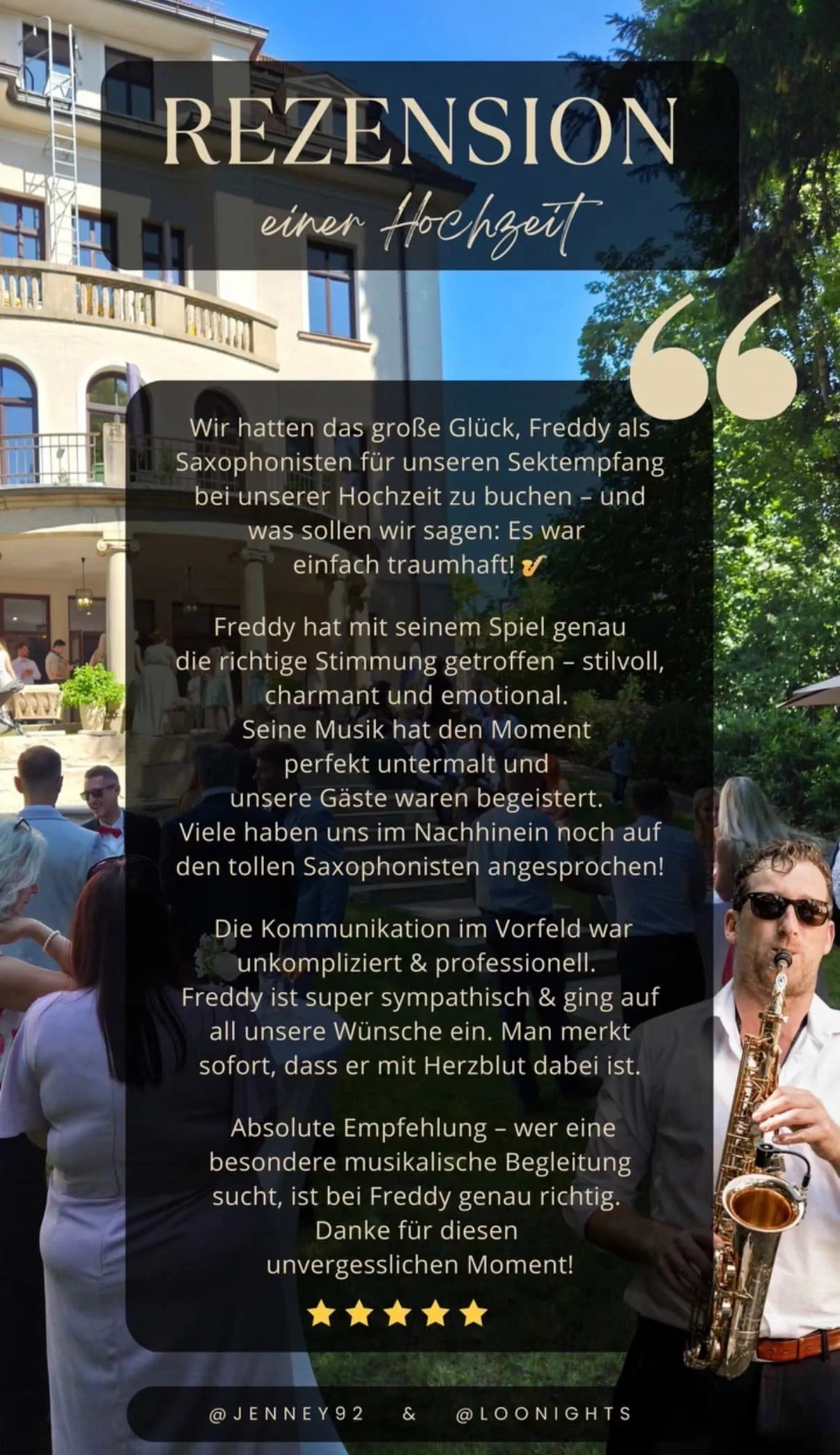 Rezension einer Hochzeit, Text über eine positive Erfahrung mit einem Saxophonspieler namens Frederik Heckel bei einer Hochzeit, im Hintergrund eine Hochzeitsszene im Garten.