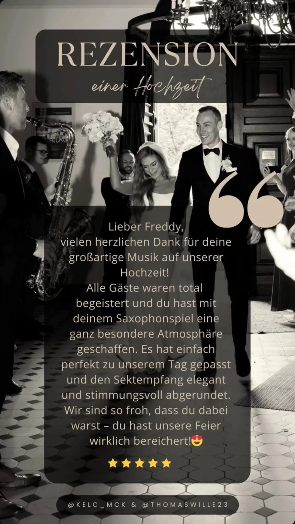 Dankesnachricht für einen Saxophonspieler namens Frederik Heckel bei einer Hochzeit, in Schwarzweiß, mit tanzendem Brautpaar im Hintergrund.
