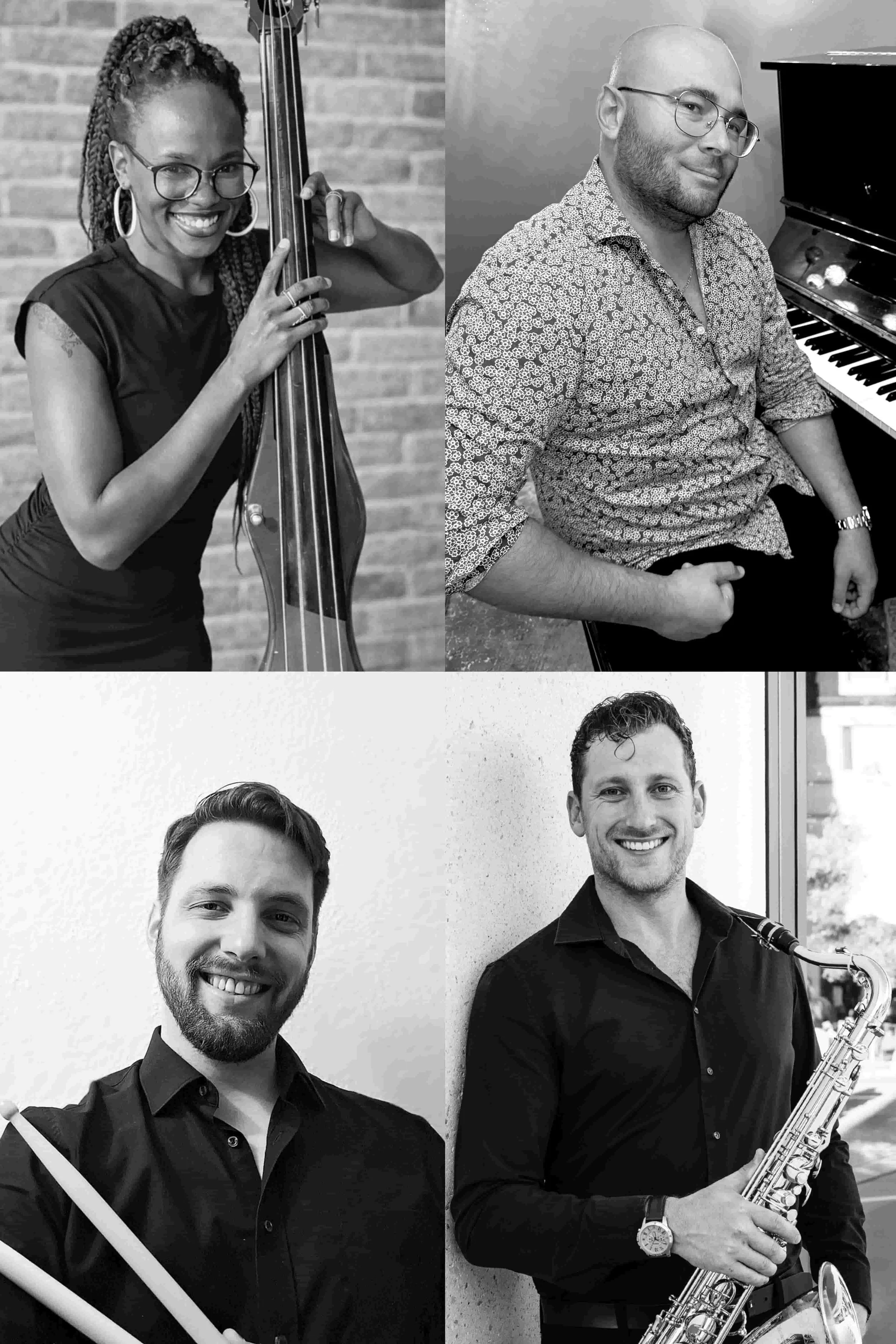 Vier Musiker in Schwarz-Weiß-Fotos. Die Frau im oberen linken Teil spielt Kontrabass, die oben rechts sitzt am Flügel. Die Männer unten links und rechts halten jeweils Percussion- und Saxofoninstrumente, und alle sind lächelnd. Band bzw Quartett