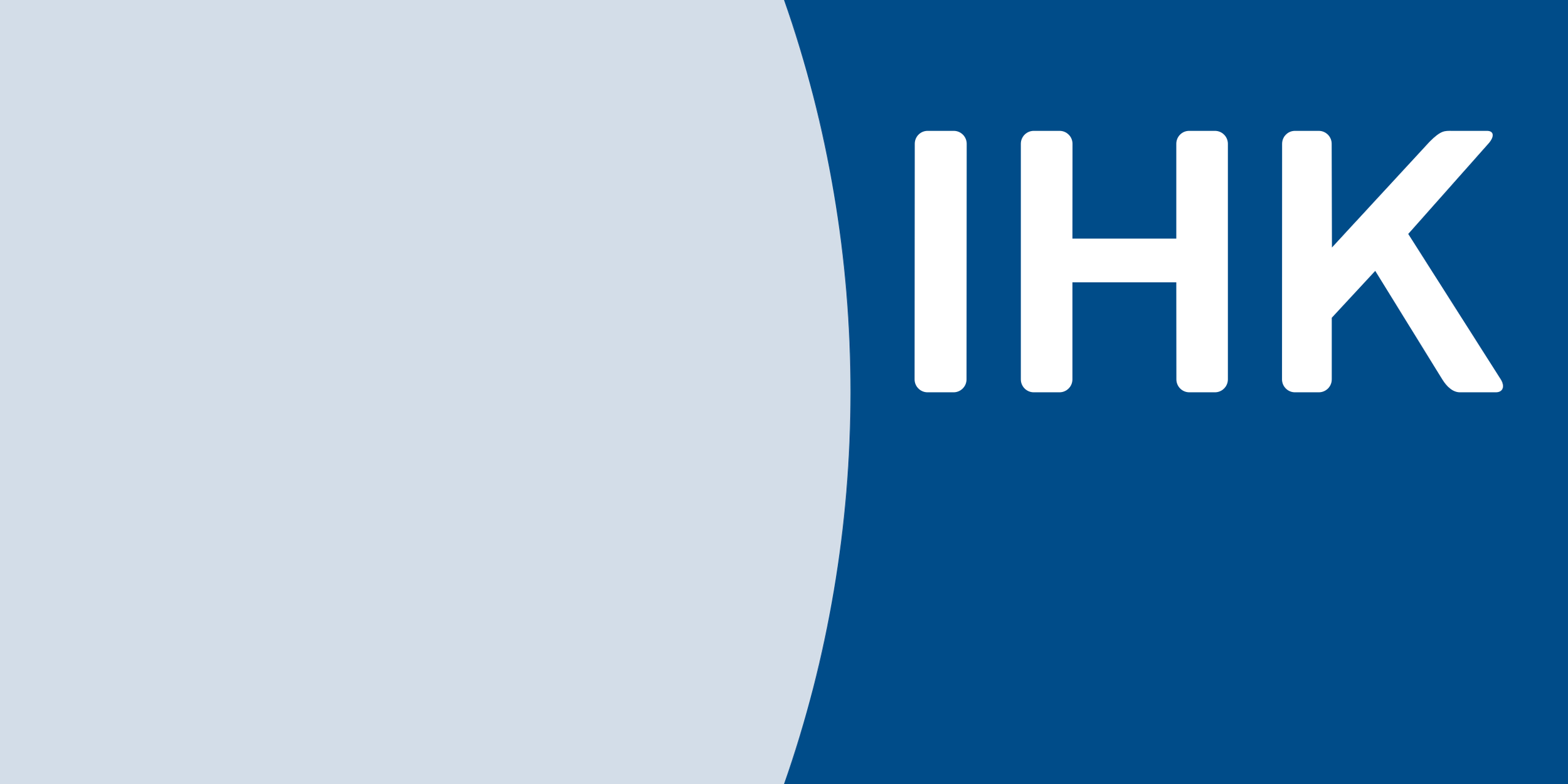 Blaue Grafik mit weißem Text 'IHK' - Logo der IHK