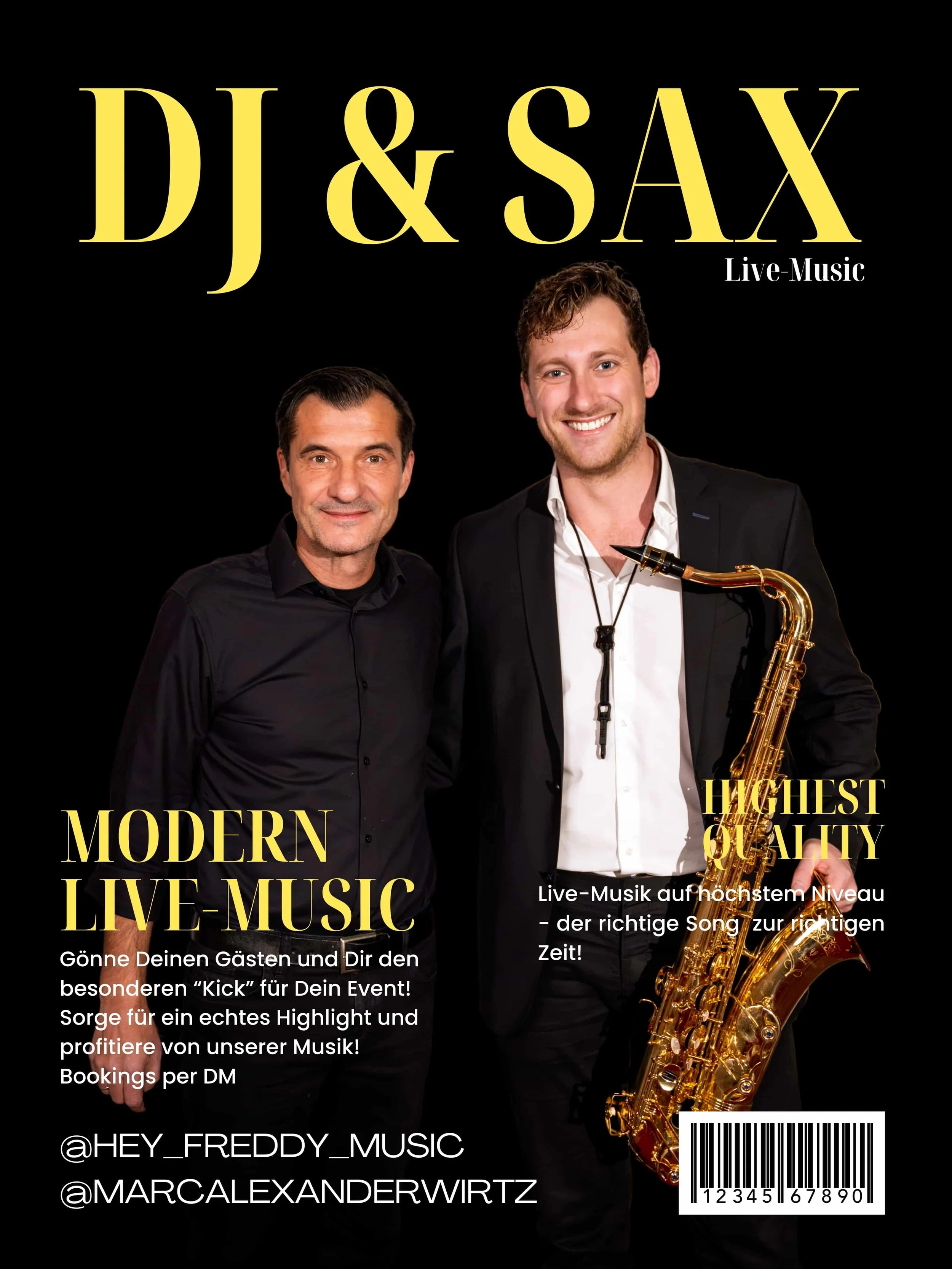 Zwei Männer auf einem Konzertplakat, das eine Live-Musikveranstaltung bewirbt. Frederik Heckel hält ein Saxophon, beide lachen und tragen dunkle Kleidung vor einem schwarzen Hintergrund.