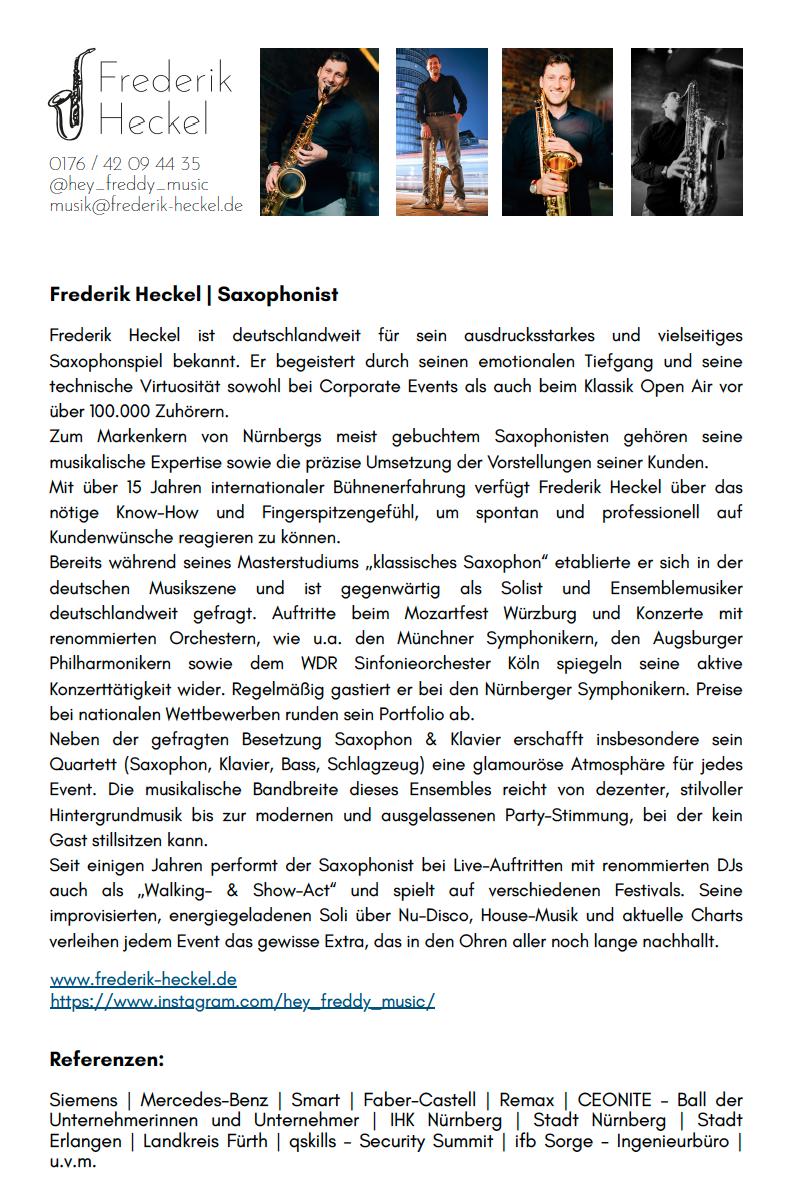 Profilbild eines Saxophonisten namens Frederik Heckel, mit Kontaktinformationen und einer kurzen Beschreibung seiner Musikkarriere auf einer Webseite.
