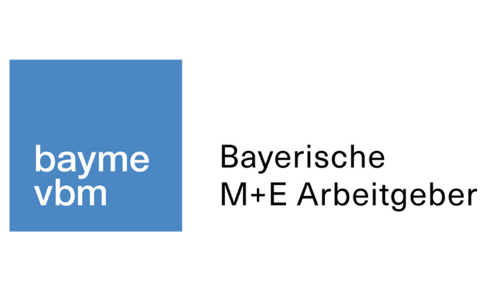 Logo mit blauer und weißer Hintergrund, Text "bayme vbm" und "Bayerische M+E Arbeitgeber"