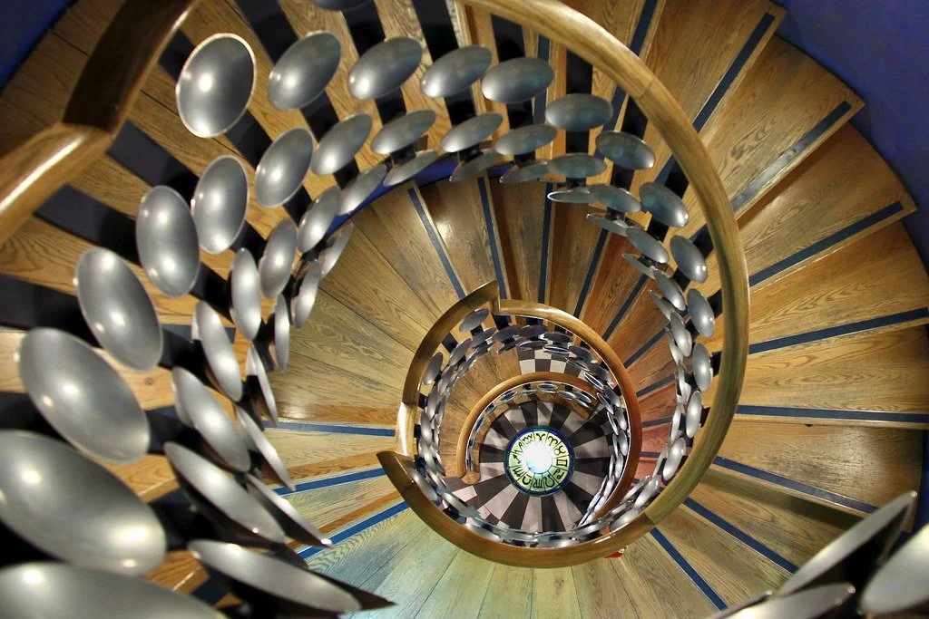 Spiral staircase inside the Magic Circle headquarters in London, viewed from above
