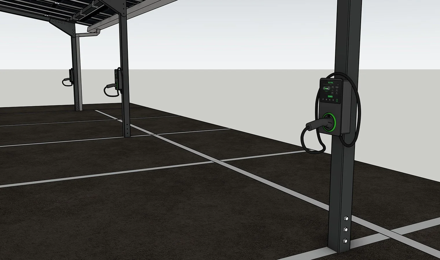 Electric vehicle charging station on a black floor in an indoor setting.