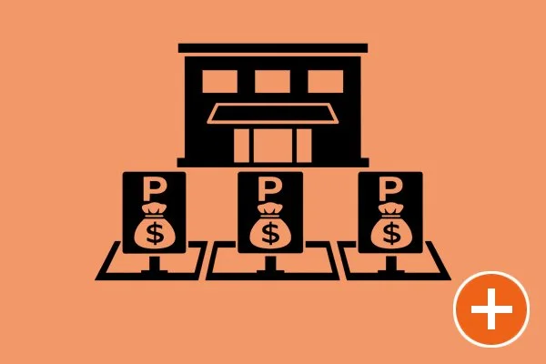 Icons of three cash registers with P and dollar sign symbols, connected to a building.