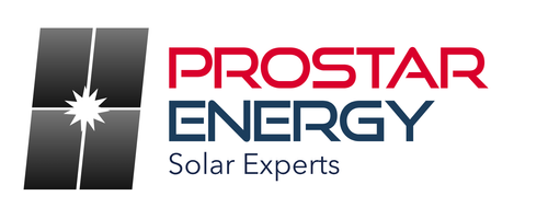 ProStar Energy logo with a stylized black and gray solar panel graphic, a white starburst, and red and blue text reading 'ProStar Energy Solar Experts'.