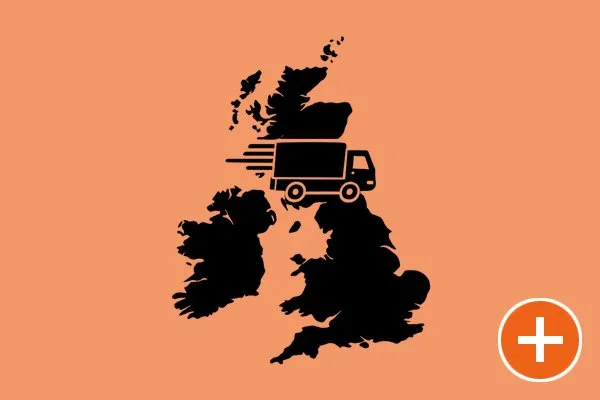 A map of the United Kingdom with a delivery truck icon over it.