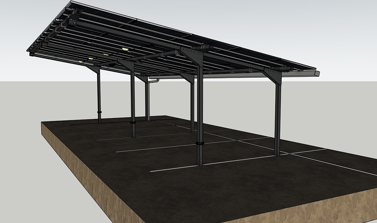 3D rendering of a parking lot with a solar panel carport on a concrete surface.