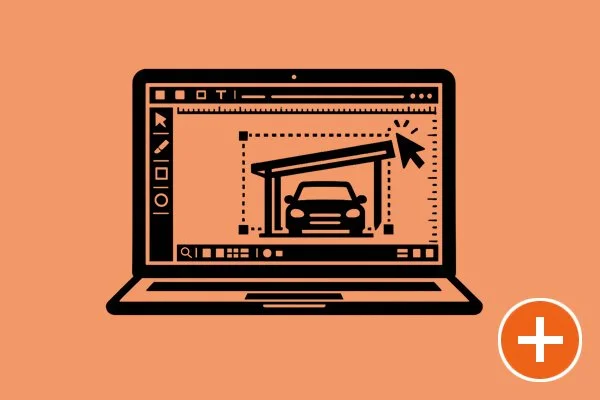 Graphic illustration of a laptop showing a car design in a digital design program.