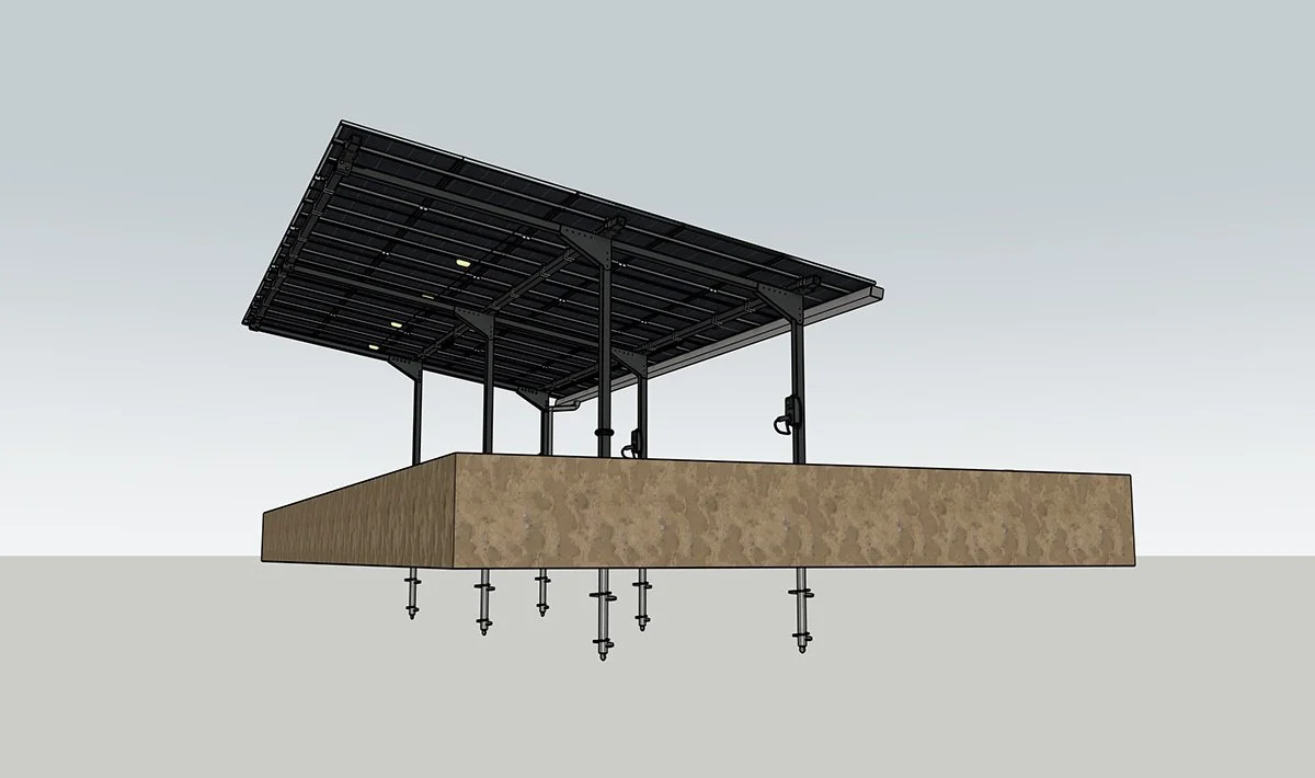 A digital rendering of a solar panel mounted above a concrete foundation, with support poles and hardware visible.