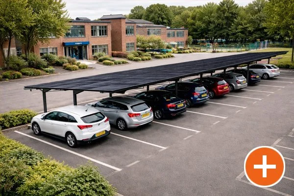 A parking lot with a covered structure and several parked cars near a brick building surrounded by greenery.