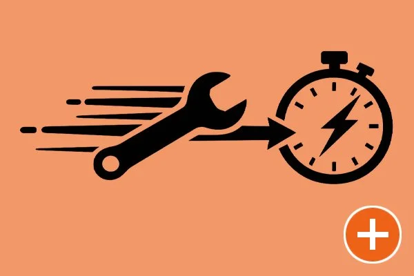 A black wrench with motion lines pointing towards a stopwatch with a lightning bolt, indicating fast or quick repair.